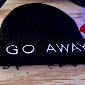 Hot Topic Angsty Distressed "Go Away" Black Beanie new never been used